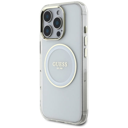 Guess IML Metal Colored Circle Classic Logo MagSafe – dėklas, skirtas iPhone 16 Pro (baltas)