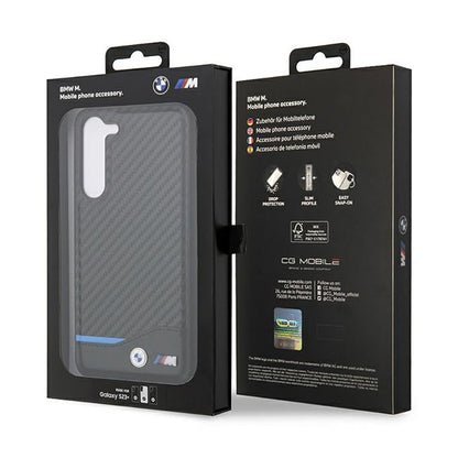 BMW Leather Carbon Blue Line – Dėklas, skirtas Samsung Galaxy S23+ (juodas)