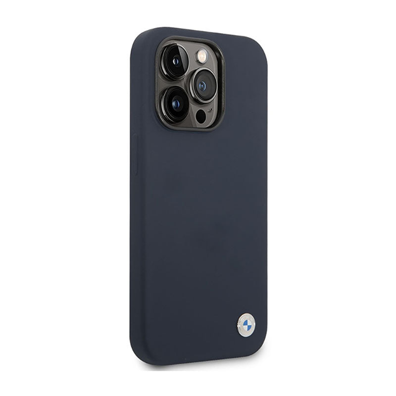 BMW skysto silikono dėklas su metaliniu logotipu MagSafe – dėklas, skirtas iPhone 14 Pro (tamsiai mėlynas)