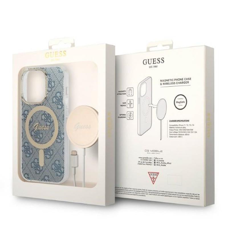 Guess Bundle Pack MagSafe 4G - Dėklo rinkinys, skirtas iPhone 14 Pro + MagSafe įkroviklis (mėlyna/auksinė)