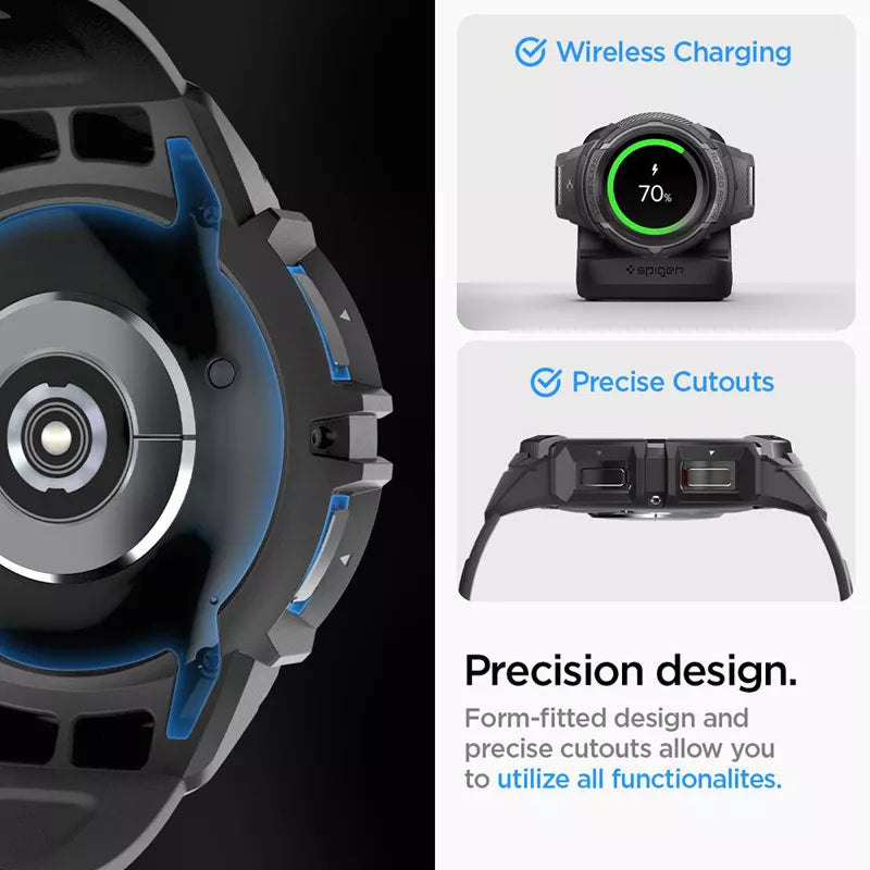 Spigen Rugged Armor Pro - dirželis + dėklas, skirtas „Samsung Galaxy Watch 6 Classic 47 mm“ (juoda)