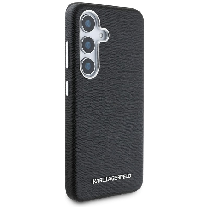 Karl Lagerfeld Saffiano Full Wrapped Elongated Metal Logo MagSafe – dėklas Samsung Galaxy S25 (juodas)
