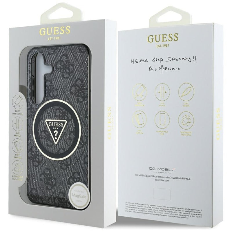 Guess 4G Glitter Triangle Buttons MagSafe – dėklas, skirtas Samsung Galaxy S25+ (juodas)