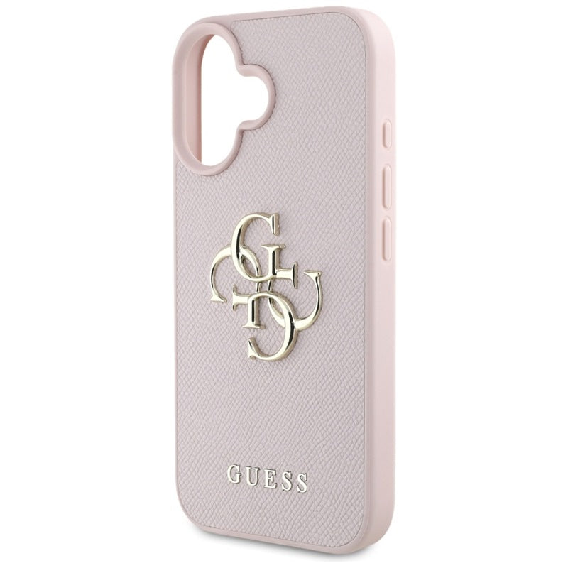 Guess grūdėtas dėklas iPhone 16 su 4G ir klasikiniu logotipu (rožinis)
