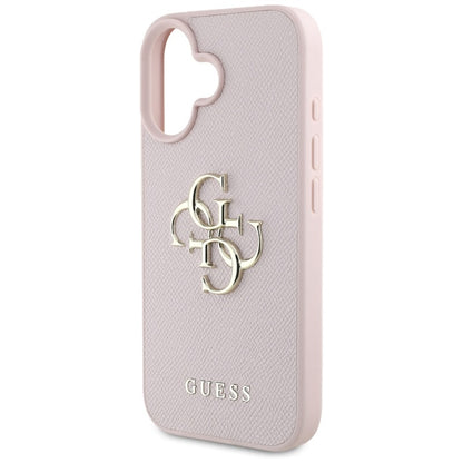 Guess grūdėtas dėklas iPhone 16 su 4G ir klasikiniu logotipu (rožinis)