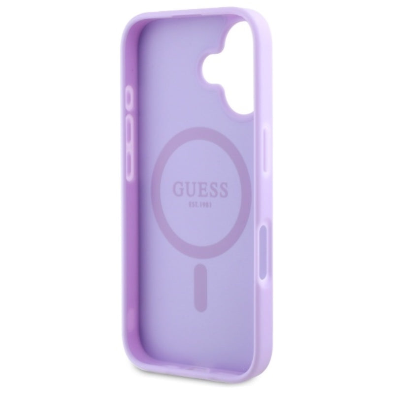 Guess Saffiano Peony Classic Logo MagSafe – dėklas iPhone 16 (violetinė)
