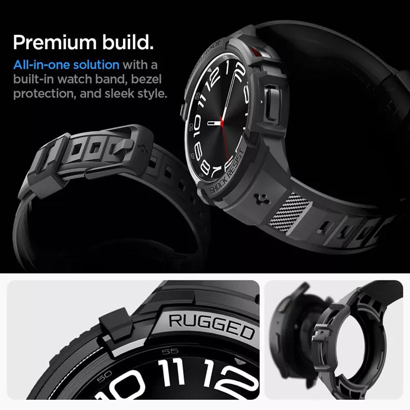 Spigen Rugged Armor Pro - dirželis + dėklas, skirtas „Samsung Galaxy Watch 6 Classic 47 mm“ (juoda)