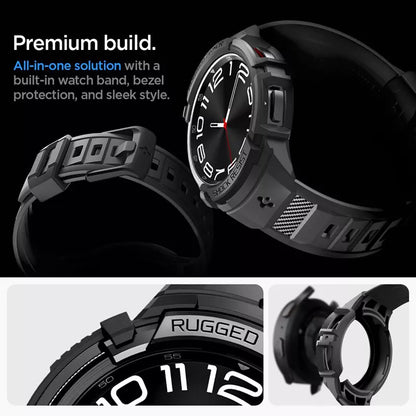 Spigen Rugged Armor Pro - dirželis + dėklas, skirtas „Samsung Galaxy Watch 6 Classic 47 mm“ (juoda)