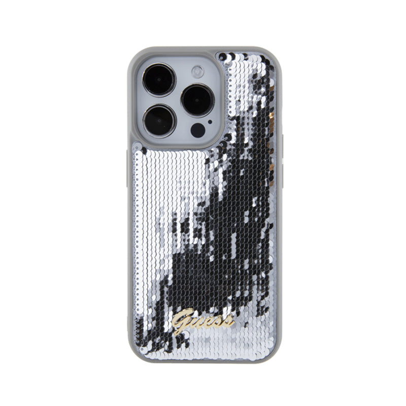 Guess Sequin Script Metal – dėklas iPhone 15 Pro (sidabras)