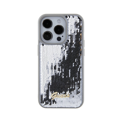 Guess Sequin Script Metal – dėklas iPhone 15 Pro (sidabras)