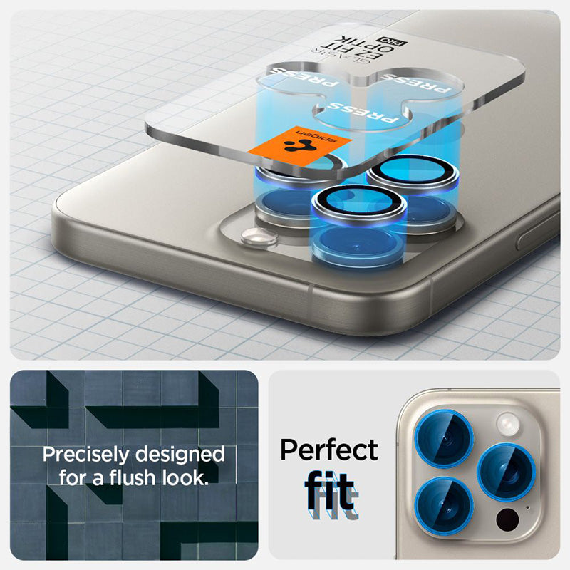 Spigen Optik Pro GLAS.TR EZ Fit kameros apsauga, 2 vnt. - Apsauginis lęšio stiklas, skirtas iPhone 17 Pro / 17 Pro Max / iPhone 15 Pro / 15 Pro Max / iPhone 14 Pro / 14