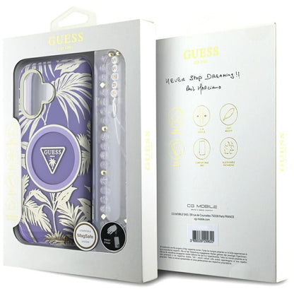 Guess Palm Trees Triangle Pearl Strap MagSafe – Dėklas skirtas iPhone 16 (violetinis)