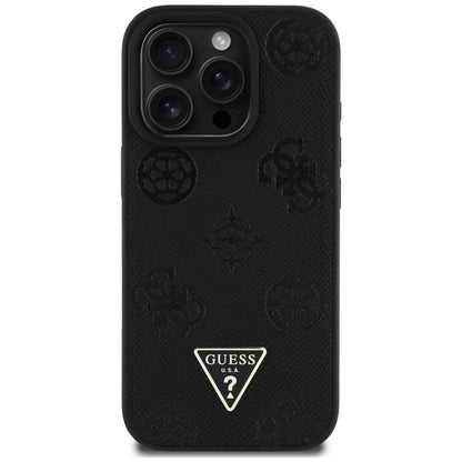 Guess Grained Hot Stamp Peony Triangle Logo MagSafe - dėklas skirtas iPhone 16 Pro (juodas)