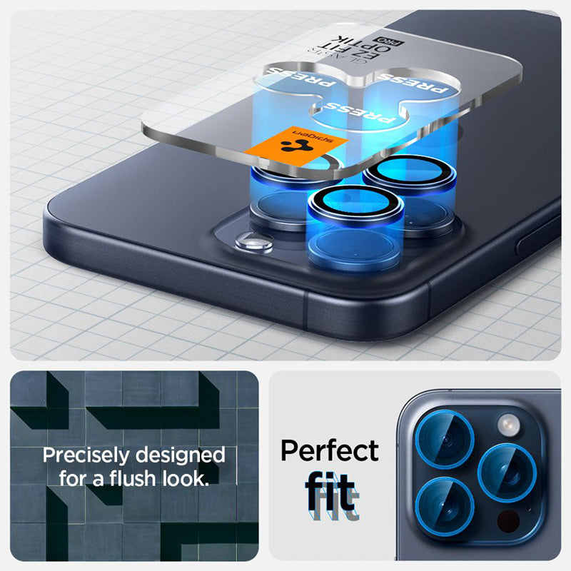 Spigen Optik Pro GLAS.TR EZ Fit fotoaparato apsauga, 2 vnt. – objektyvo apsauginis stiklas, skirtas "iPhone 15 Pro" / "iPhone 15 Pro Max" / "iPhone 14 Pro" / "iPhone 14 Pro Max" (2 vnt.)