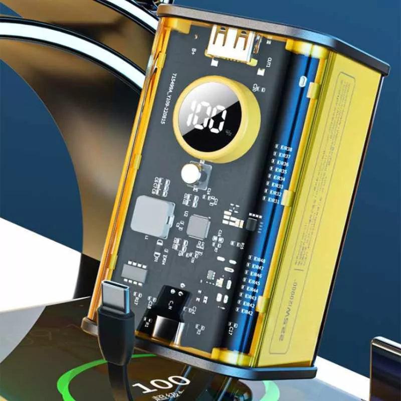 WEKOME WP-347 „Vanguard Series“ – 20000 mAh itin greito įkrovimo maitinimo blokas su įmontuotu USB-C PD 20W ir „Lightning“ + USB-A QC3.0 22,5W laidu (geltonas)