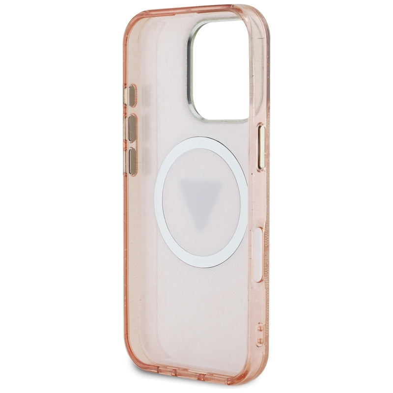 Guess IML Metal Glitter 4G apskritimas trikampis MagSafe – dėklas skirtas iPhone 16 Pro (rožinis)