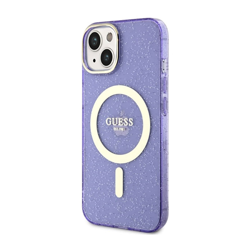 Guess Glitter Gold MagSafe – dėklas iPhone 14 (violetinė) skaidrus