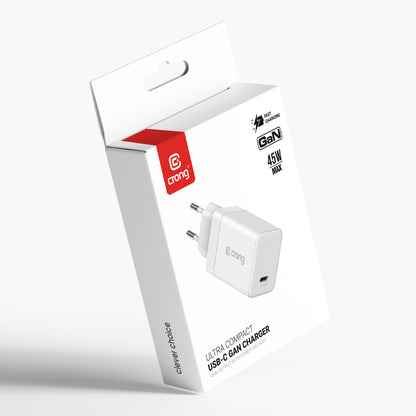Crong Ultra Compact GaN - USB-C 45W PD 3.0 sieninis įkroviklis su PPS (baltas)