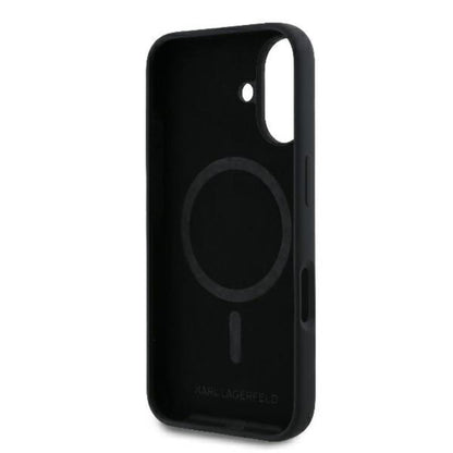 Karl Lagerfeld Silikoninis dėklas su Karl & Choupette motyvu ir MagSafe žiedu, skirtas iPhone 16 Plus (juodas)