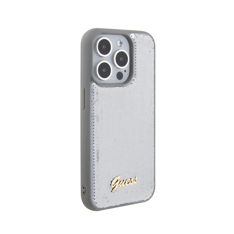 Guess Sequin Script Metal – dėklas iPhone 15 Pro (sidabras)