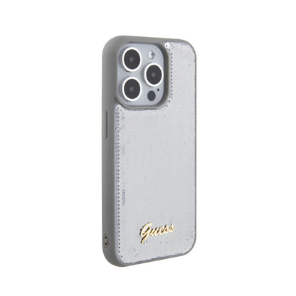 Guess Sequin Script Metal – dėklas iPhone 15 Pro (sidabras)