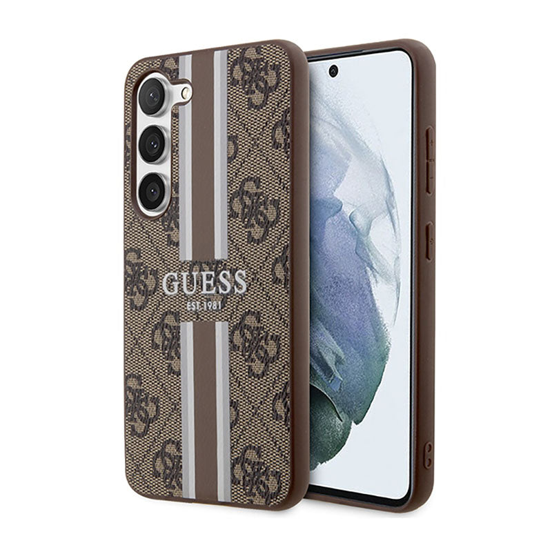 Guess 4G Printed Stripe – dėklas, skirtas Samsung Galaxy S23 (rudas)