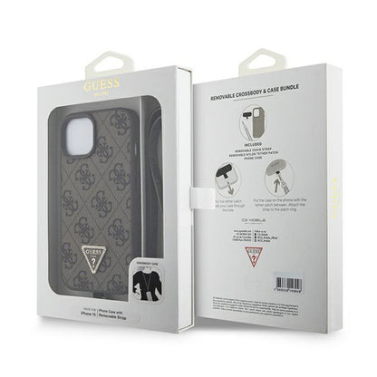 Guess Crossbody 4G metalinis logotipas – iPhone 15 dėklas (rudas)