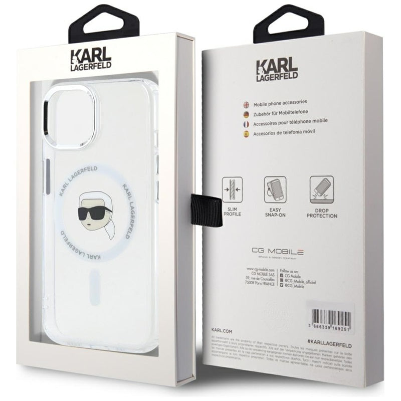 Karl Lagerfeld IML Metal Karl Head MagSafe – dėklas, skirtas iPhone 15 Plus (baltas)