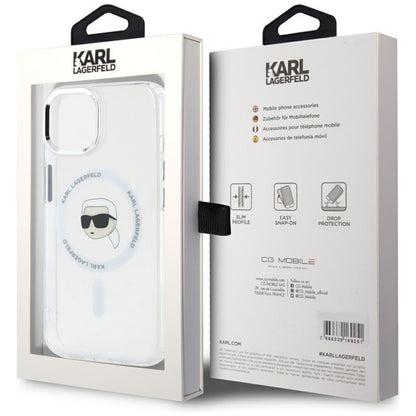 Karl Lagerfeld IML Metal Karl Head MagSafe – dėklas, skirtas iPhone 15 Plus (baltas)