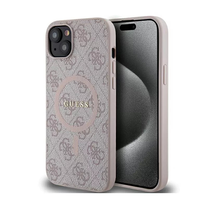 Guess 4G Collection Leather Metal Logo MagSafe – dėklas skirtas iPhone 15 Plus / 14 Plus (rožinis)