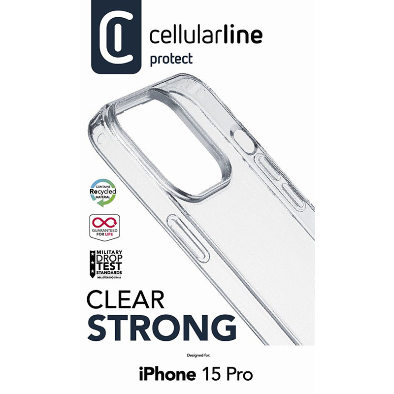 Cellularline Clear Strong – iPhone 15 Pro dėklas su antimikrobine apsauga (skaidrus)