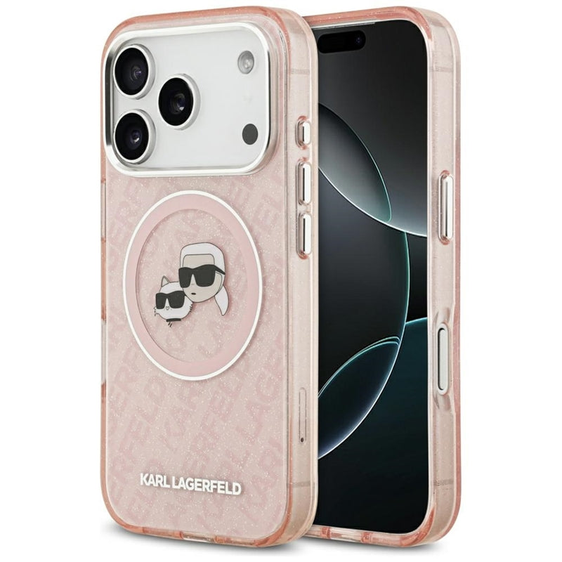Karl Lagerfeld IML blizgučiai su Karl & Choupette galvų logotipu, MagSafe dėklas iPhone 17 Pro (rožinis)