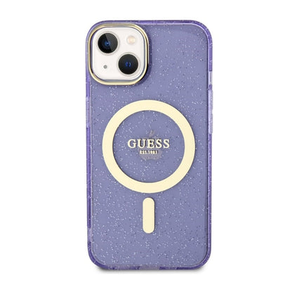 Guess Glitter Gold MagSafe – dėklas iPhone 14 (violetinė) skaidrus