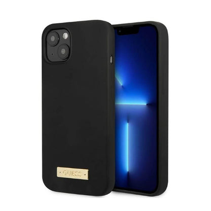 Guess Silicone Logo Plate MagSafe – dėklas iPhone 13 Mini (juodas)
