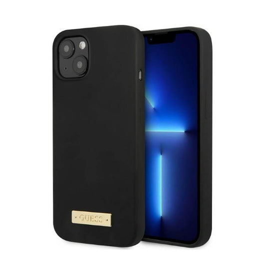 Guess Silicone Logo Plate MagSafe – dėklas iPhone 13 Mini (juodas)