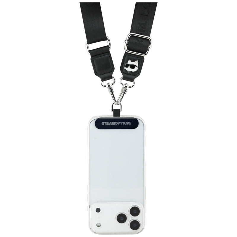 Karl Lagerfeld Universali Dirželio Tvirtinimo Dalys su Choupette Metalo Logotipu - Universali Telefono Juostelė / Virvelė (Juoda)