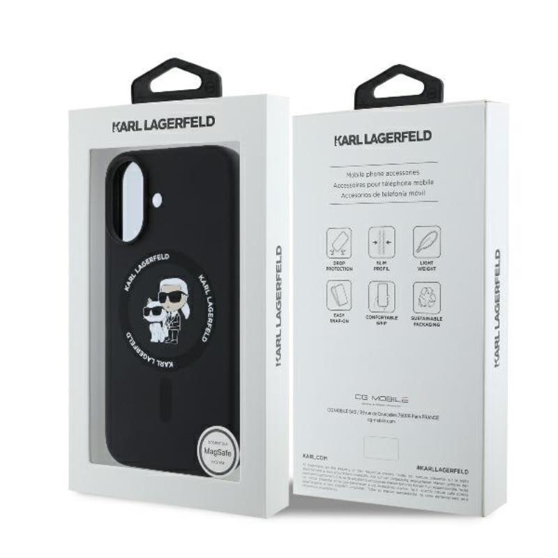 Karl Lagerfeld Silikoninis dėklas su Karl & Choupette motyvu ir MagSafe žiedu, skirtas iPhone 16 Plus (juodas)