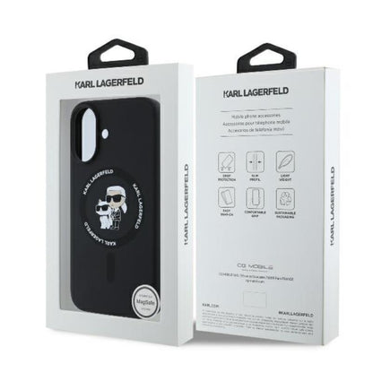 Karl Lagerfeld Silikoninis dėklas su Karl & Choupette motyvu ir MagSafe žiedu, skirtas iPhone 16 Plus (juodas)