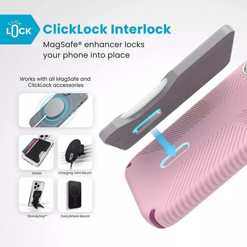 Speck Presidio2 Grip ClickLock & MagSafe – dėklas, skirtas iPhone 16 Pro (trečiadienio rožinė / Boysenberry violetinė / balta)