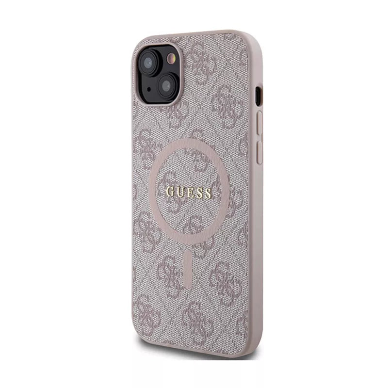 Guess 4G Collection Leather Metal Logo MagSafe – dėklas skirtas iPhone 15 Plus / 14 Plus (rožinis)