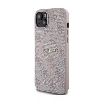 Guess 4G Collection Leather Metal Logo MagSafe – dėklas skirtas iPhone 15 Plus / 14 Plus (rožinis)
