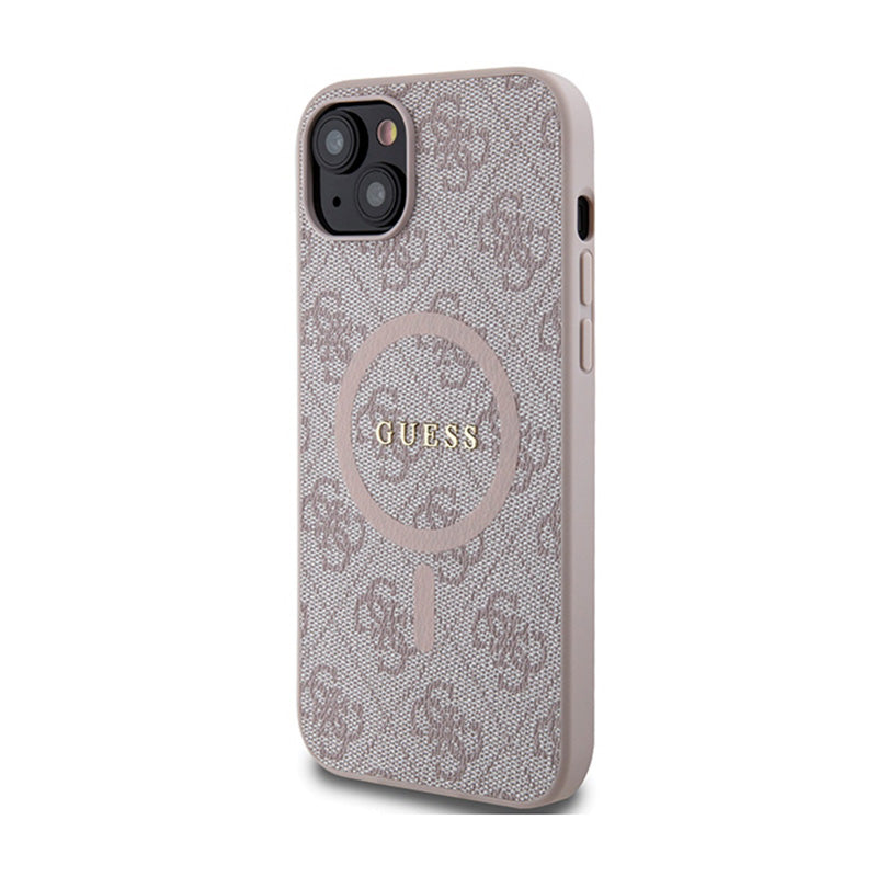Guess 4G Collection Leather Metal Logo MagSafe – dėklas skirtas iPhone 15 Plus / 14 Plus (rožinis)