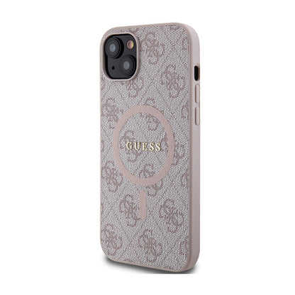 Guess 4G Collection Leather Metal Logo MagSafe – dėklas skirtas iPhone 15 Plus / 14 Plus (rožinis)