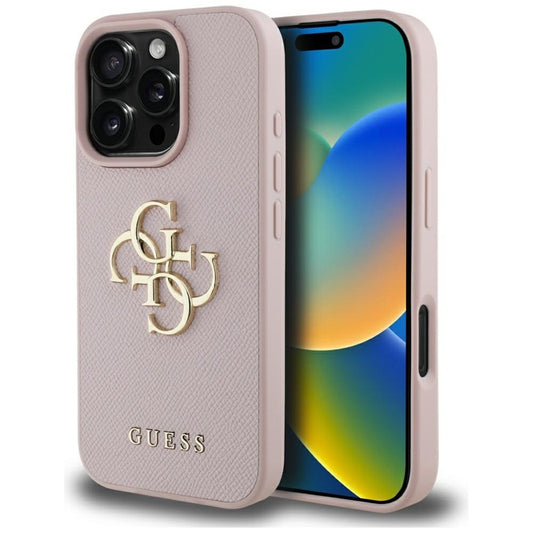 Guess Grained Big 4G Logo Small Classic Logo – dėklas, skirtas iPhone 16 Pro (rožinis)