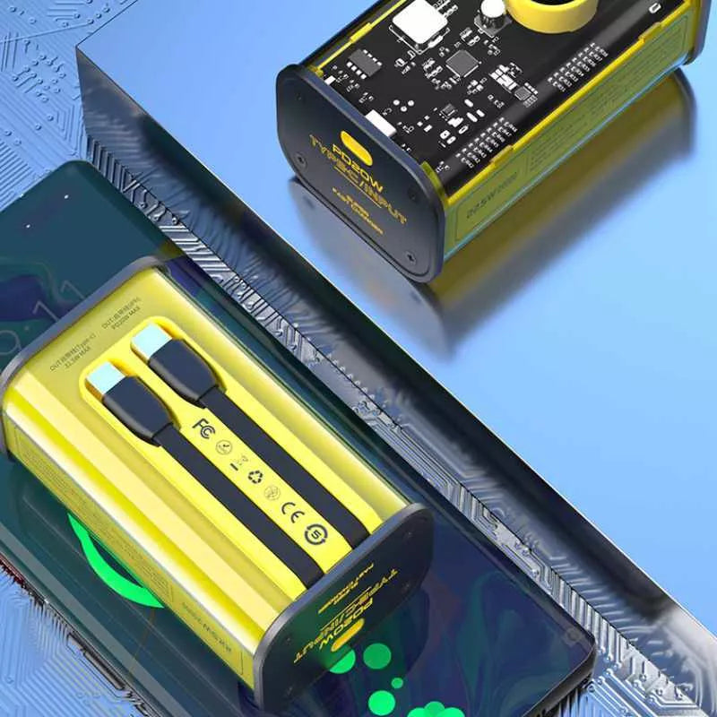 WEKOME WP-347 „Vanguard Series“ – 20000 mAh itin greito įkrovimo maitinimo blokas su įmontuotu USB-C PD 20W ir „Lightning“ + USB-A QC3.0 22,5W laidu (geltonas)