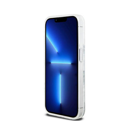 DKNY Dėklas su skystais blizgučiais ir daug logotipų, skirtas iPhone 15 Pro (baltas)