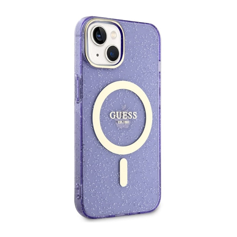 Guess Glitter Gold MagSafe – dėklas iPhone 14 (violetinė) skaidrus