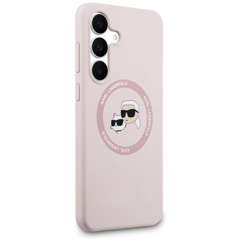 Karl Lagerfeld Silikoninis MagSafe dėklas su Karl & Choupette galvutėmis – Samsung Galaxy S25 FE (rožinis)