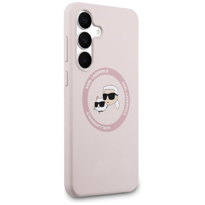 Karl Lagerfeld Silikoninis MagSafe dėklas su Karl & Choupette galvutėmis – Samsung Galaxy S25 FE (rožinis)
