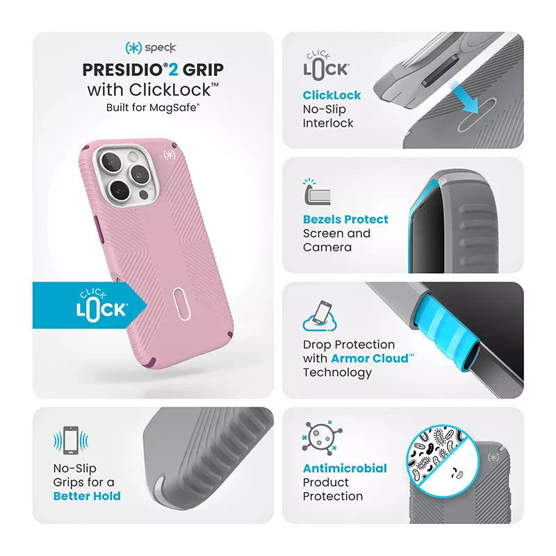 Speck Presidio2 Grip ClickLock & MagSafe – dėklas, skirtas iPhone 16 Pro (trečiadienio rožinė / Boysenberry violetinė / balta)